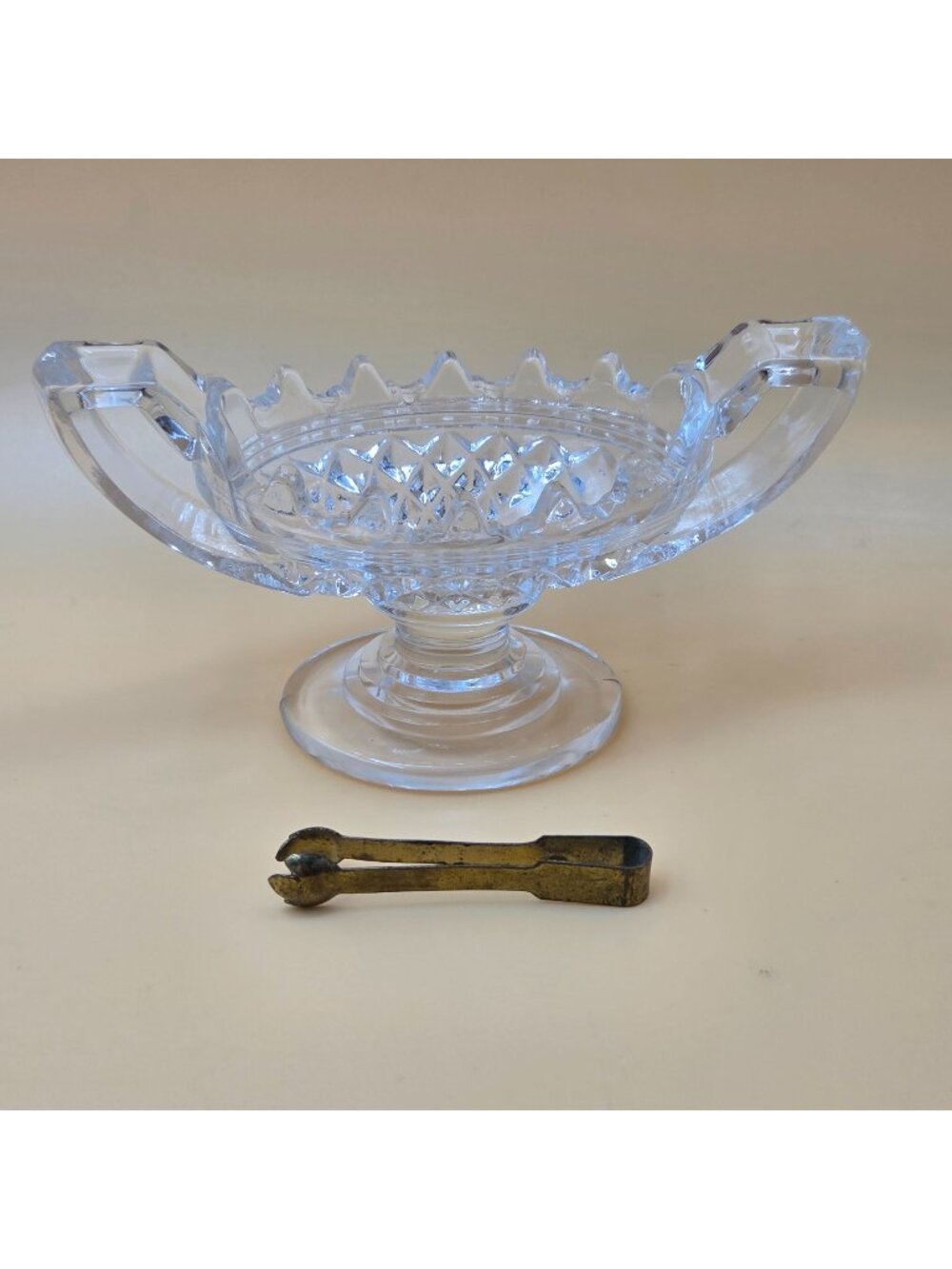Cambridge Glass Mt Vernon Footed Salt Cellars Set of 3 with 1 Brass Tongs
